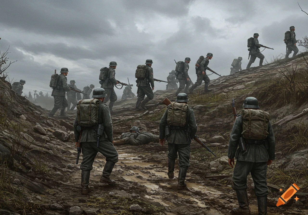 German soldiers in uniform and gear hike up a muddy, rocky hill under a cloudy sky, some carrying rifles.