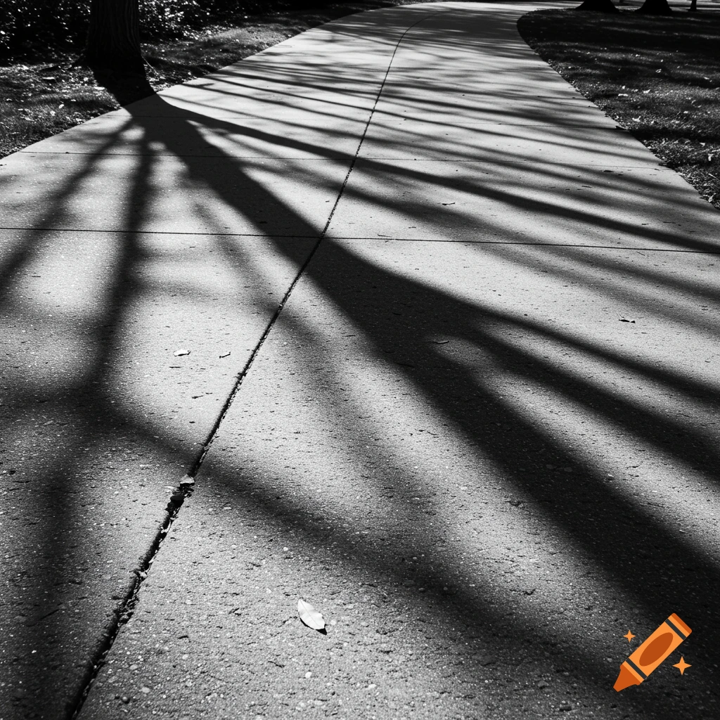 A concrete path with long shadows stretching across it, in black and white.