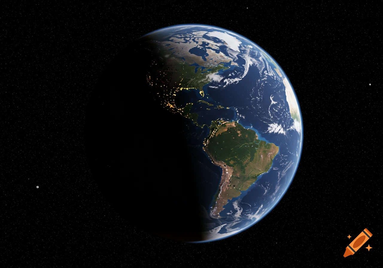 Earth from space with city lights on the night side and stars in the background.