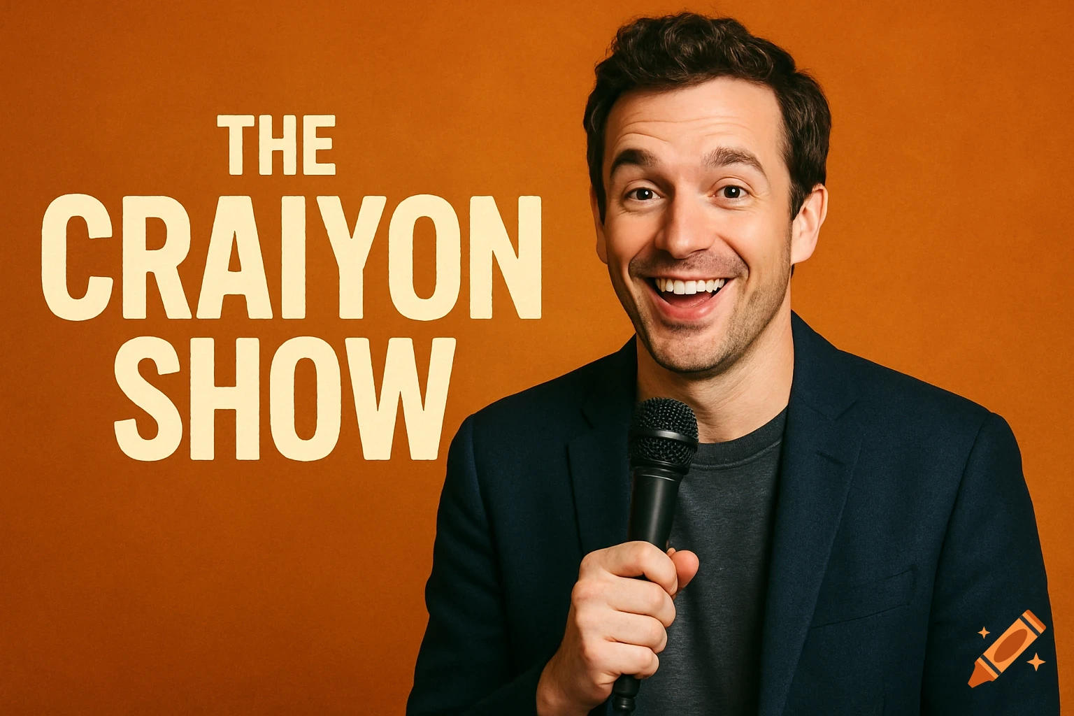 Man smiling and holding a microphone with the text THE CRAIYON SHOW on an orange background.