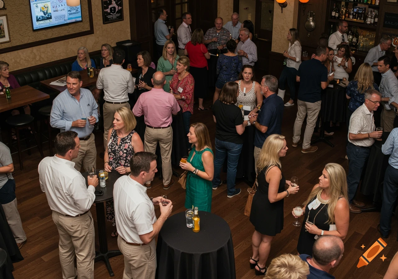 Adults socialize at a singles mixer in an upscale bar, standing around tables and holding drinks. Photorealistic style.