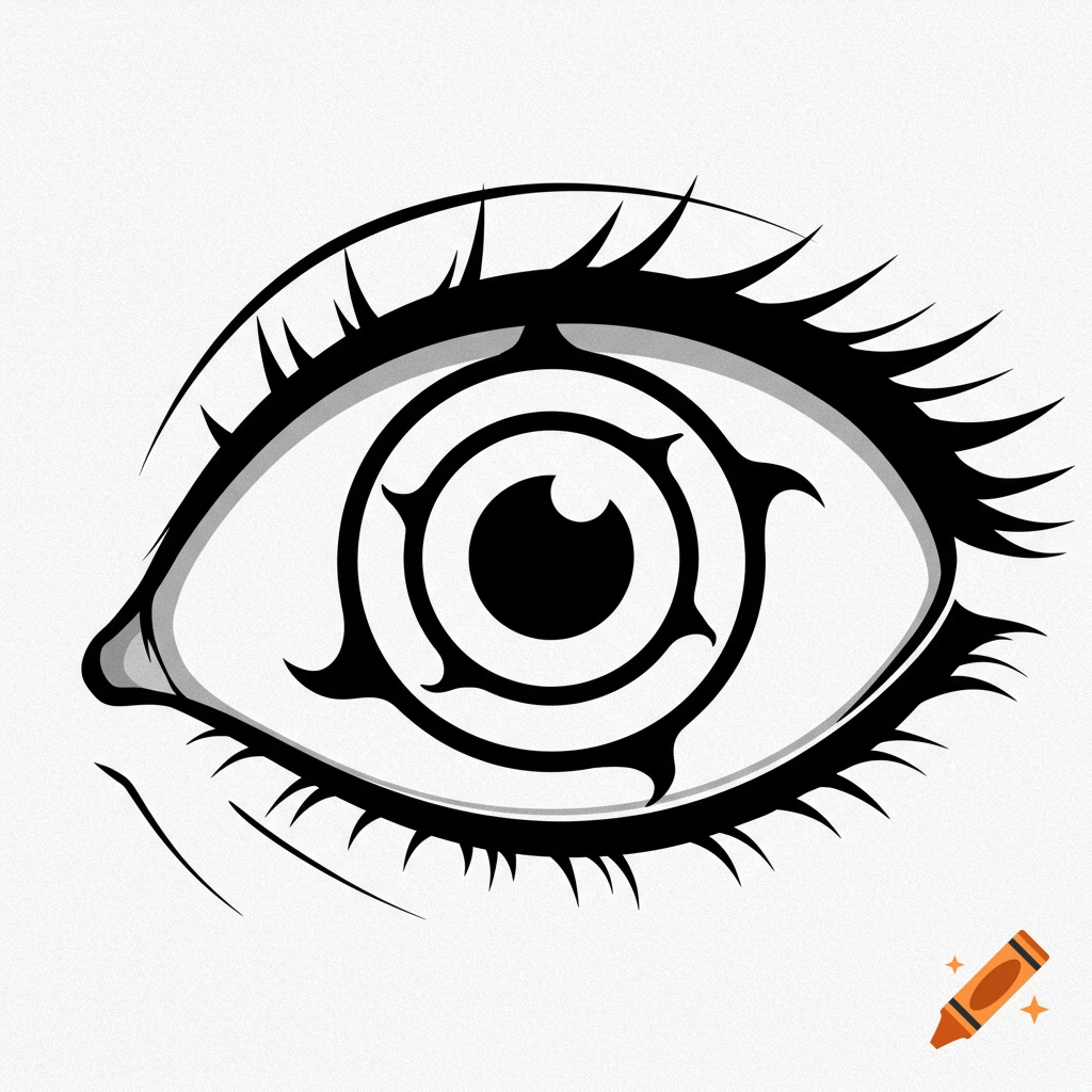 Black and white stylized eye drawing of a rinnegan.