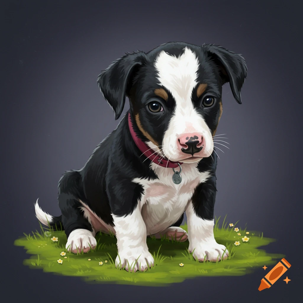 An illustration of a black and white puppy sitting on grass.