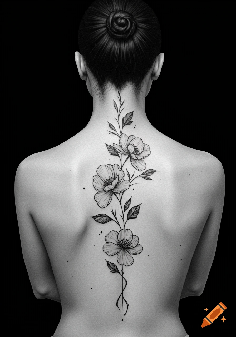 Minimalist black ink floral vine tattoo on a woman's back along the spine.