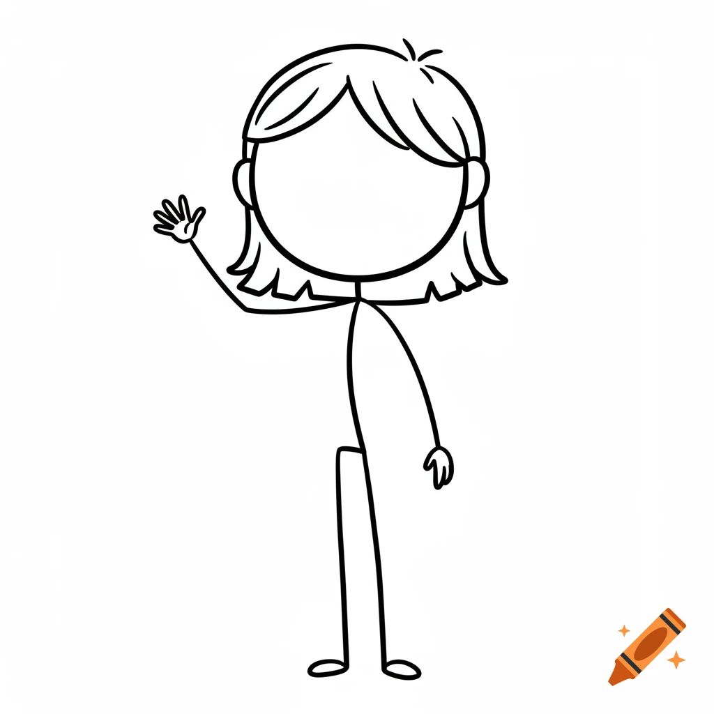 Black and white stick figure drawing of a girl waving.