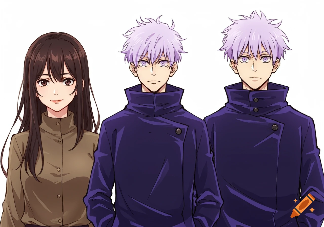 Three anime characters, a girl with long dark hair and two boys with light purple hair and dark coats, stand against a white background.