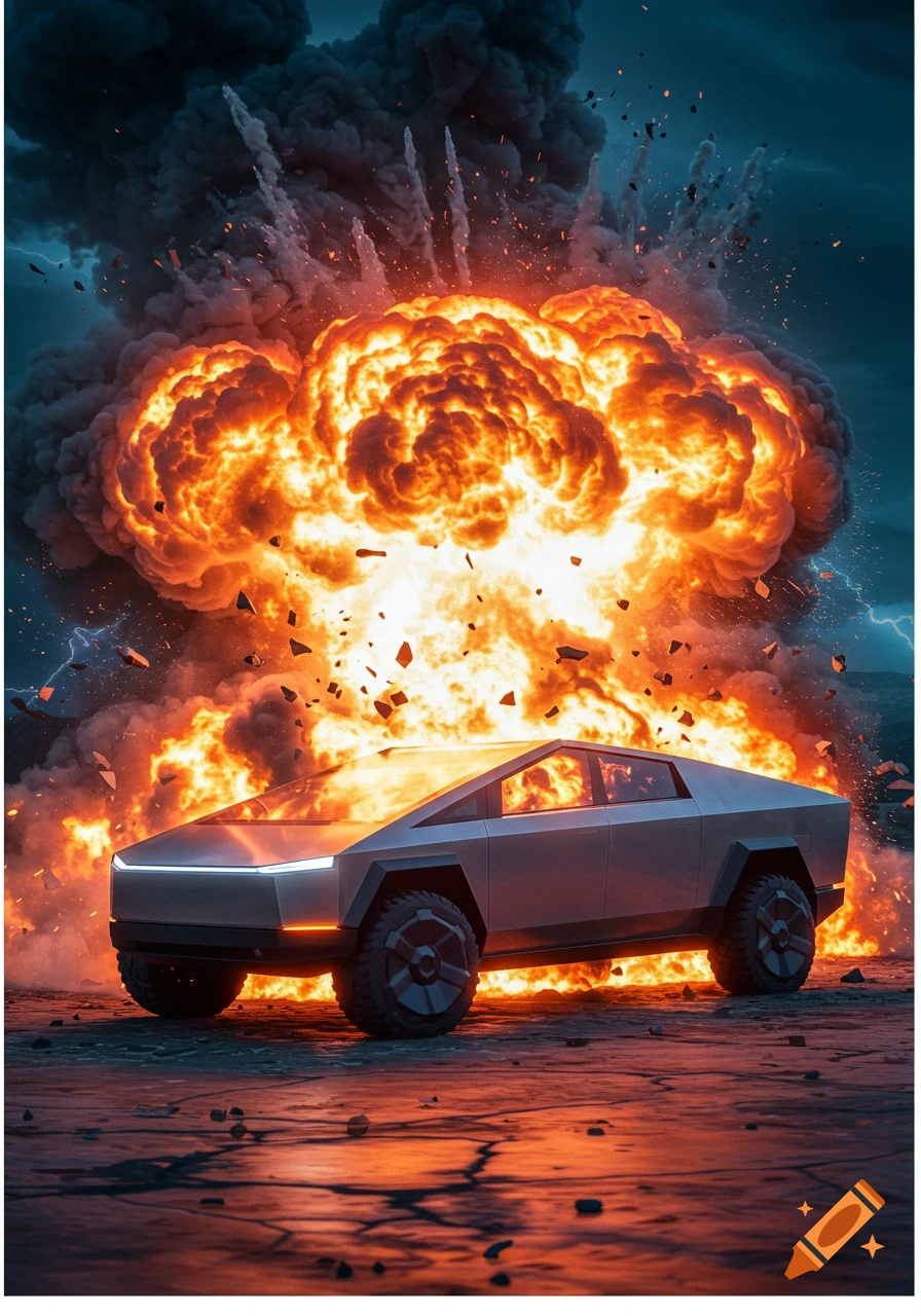A Cybertruck is positioned in front of a large explosion.