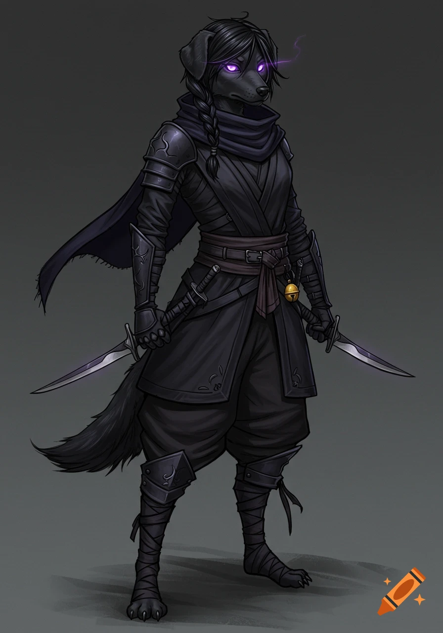 Anthropomorphic black dog character in ninja armor with twin shortblades.