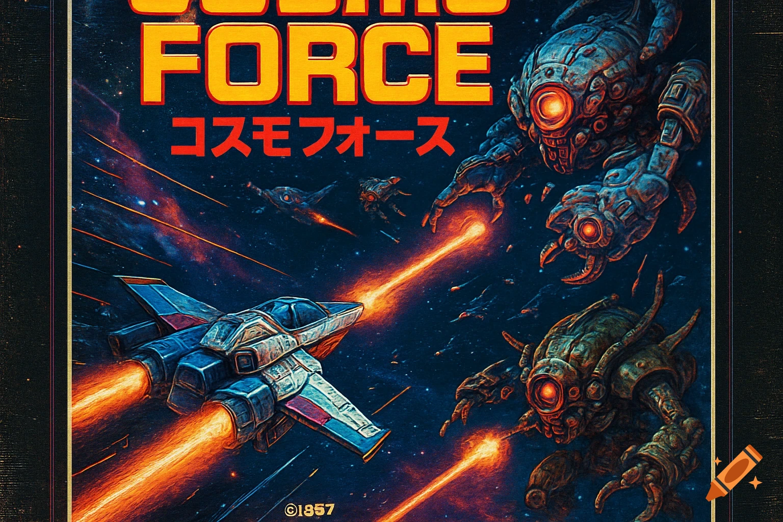 Vintage sci-fi poster of a spaceship battling alien monsters in space with text 'COSMO FORCE'.