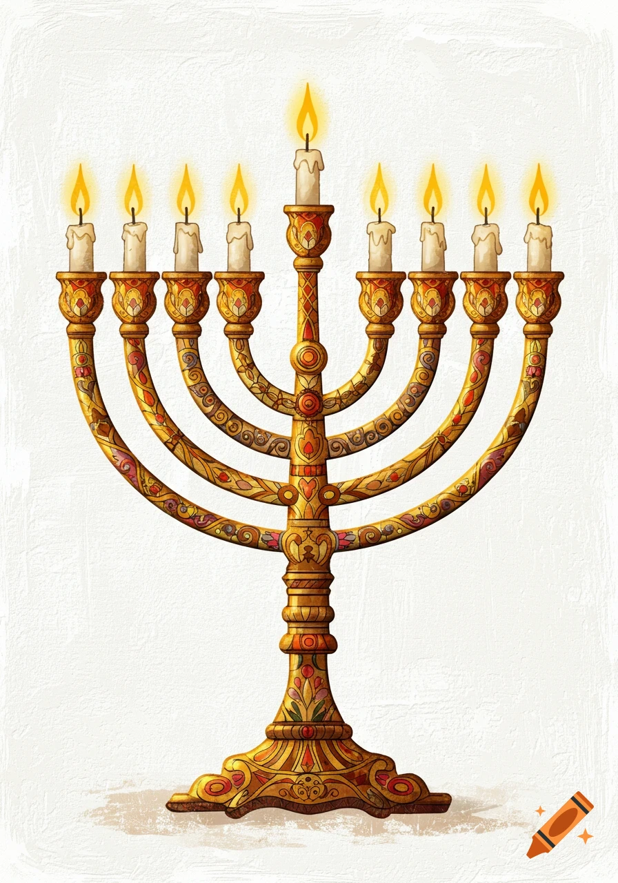 A golden menorah with lit candles on a textured white background in an illustrative style.
