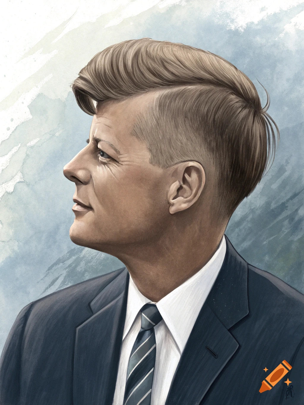 Painterly portrait of a man resembling JFK in profile, wearing a suit against a blue background.