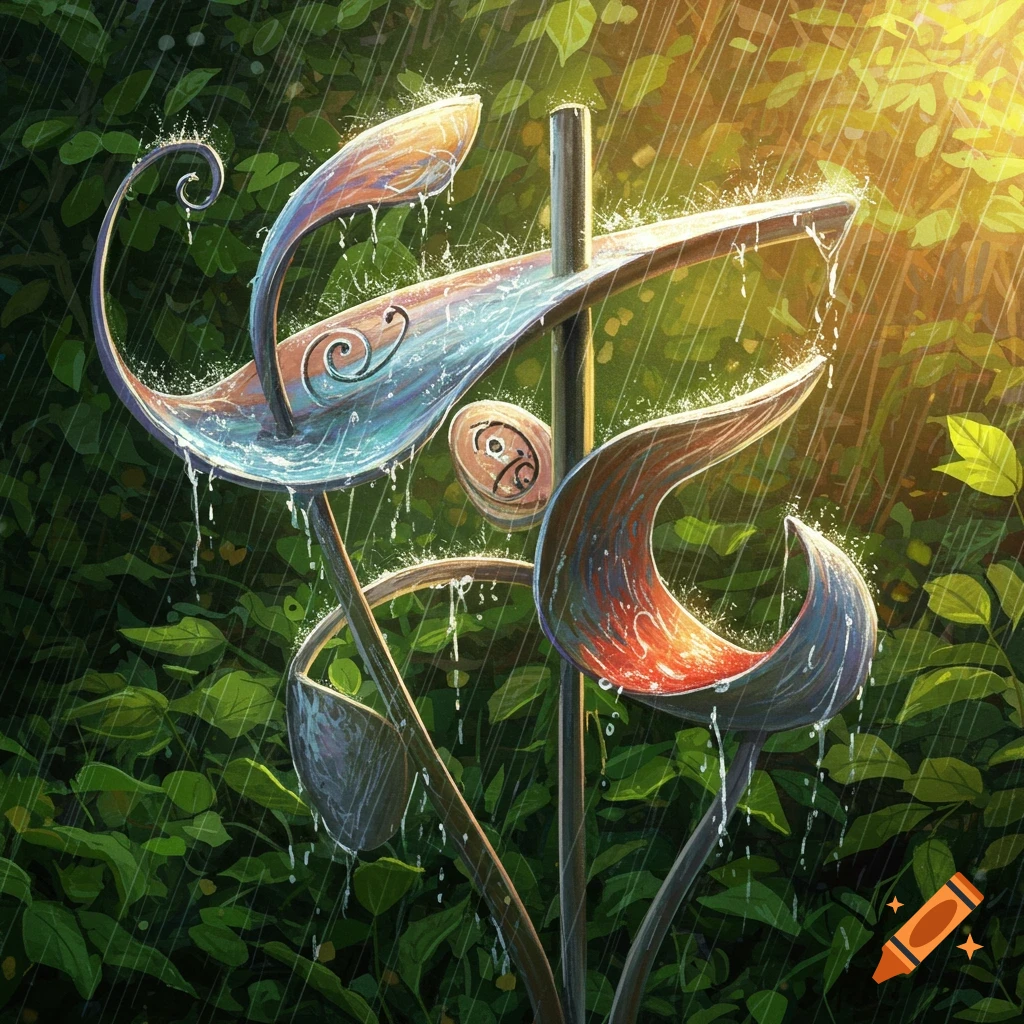 Kinetic garden sculpture catching rain water in a lush green garden