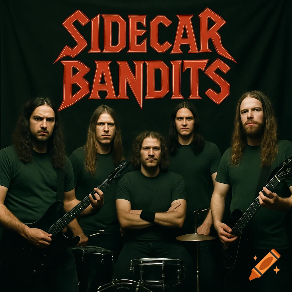 A heavy metal band of five men in green shirts poses with guitars and drums in front of a banner reading "Sidecar Bandits".