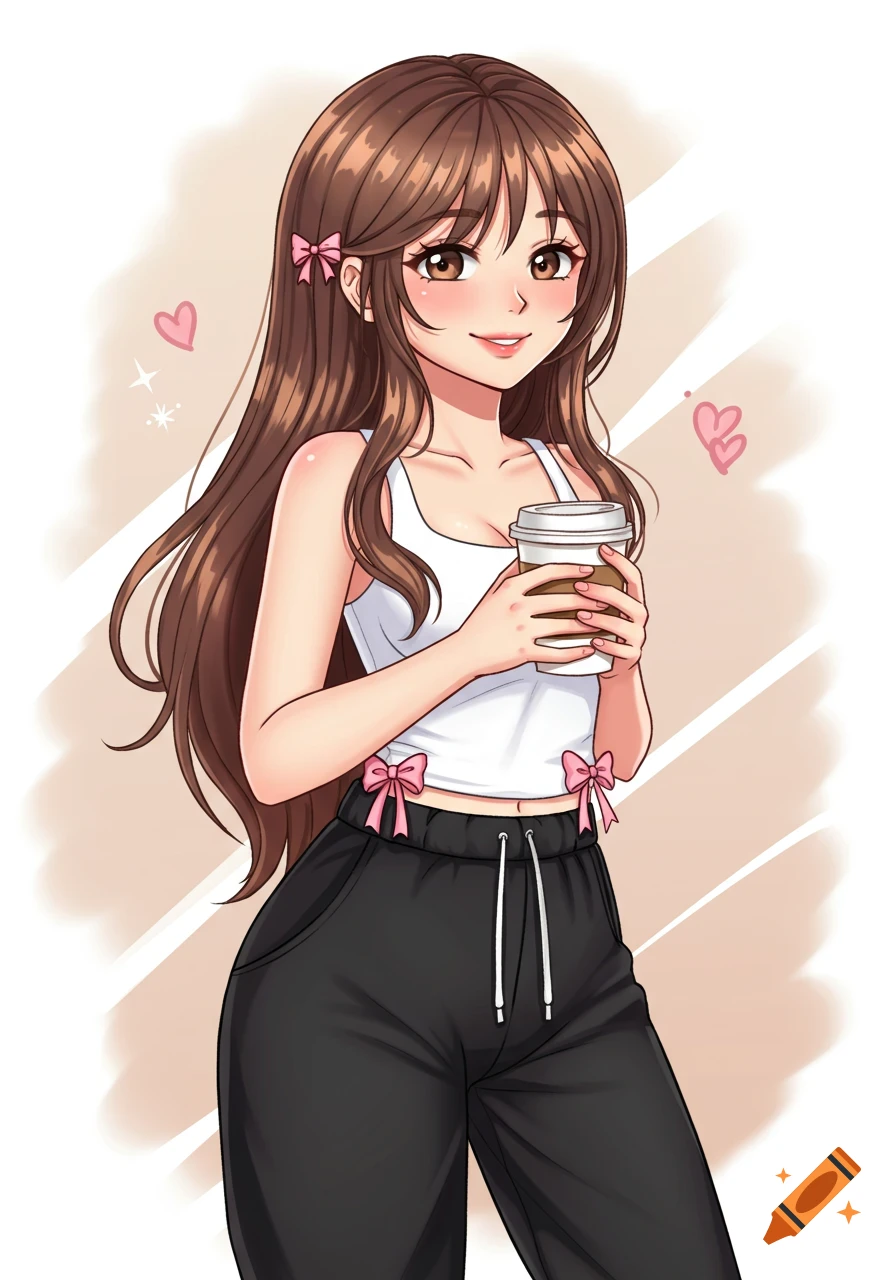 Anime girl with long brown hair in a tank top and joggers holds a coffee cup.