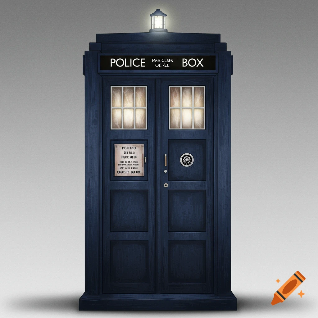 Front view of a blue Doctor Who TARDIS police box.