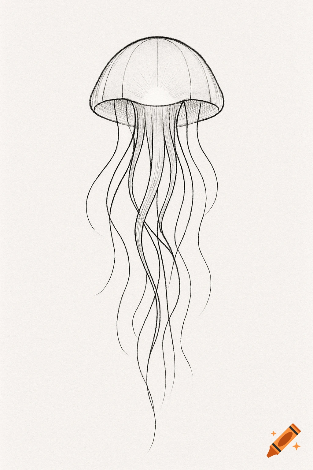 Minimalist fineline sketch of a jellyfish with flowing tentacles on a light background.