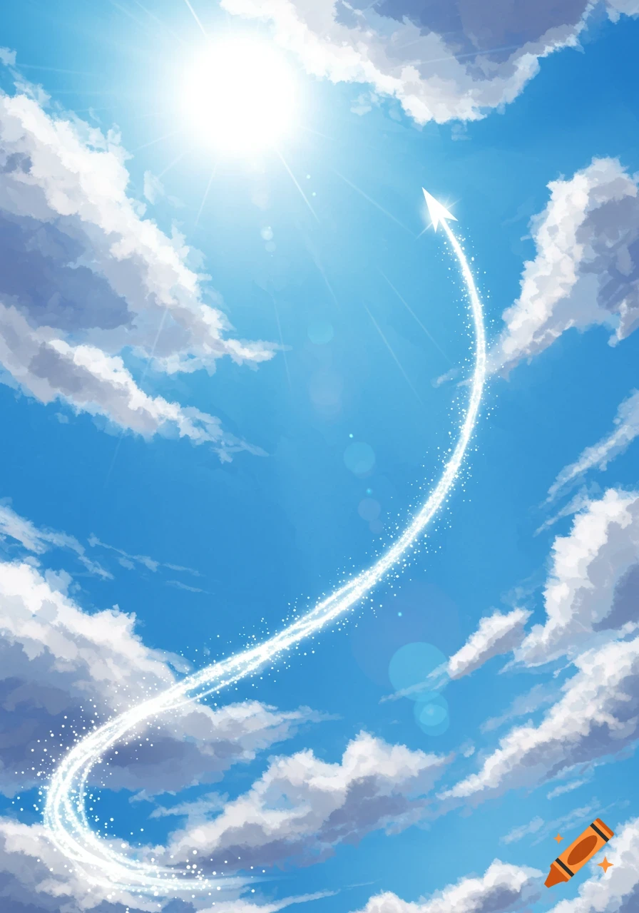 White arrow flying up through a blue sky with white clouds towards a bright sun, leaving a sparkling trail. Illustration.