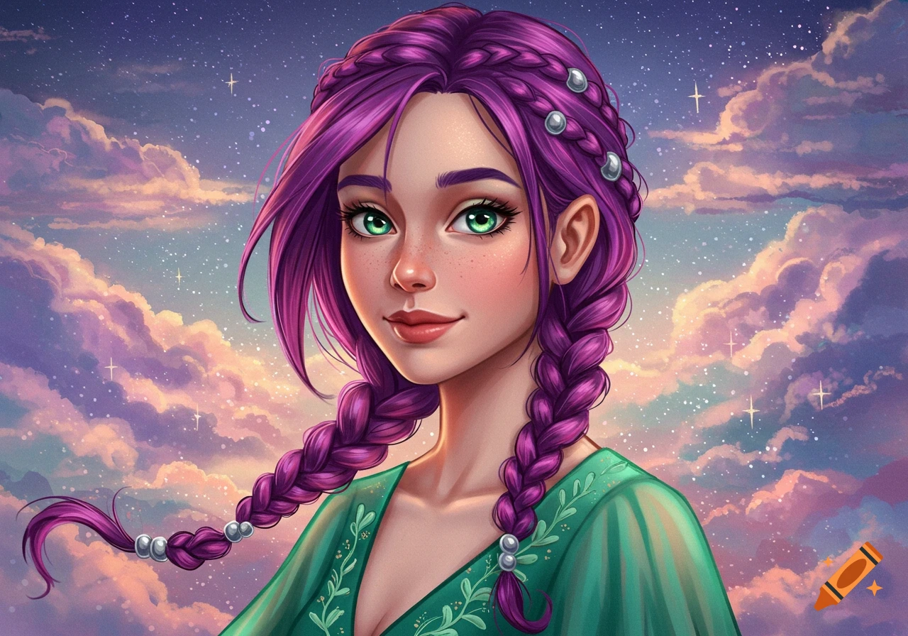 Portrait of a young woman with purple braided hair and green eyes ...