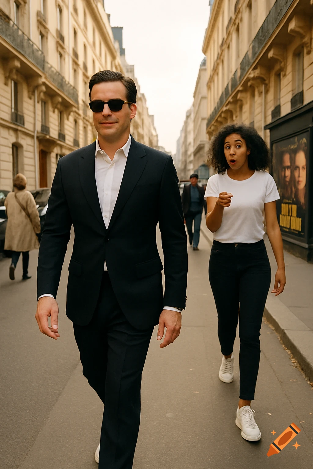 Man in tuxedo walks past surprised woman on a Paris street.