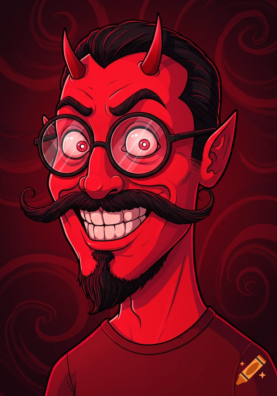 Cartoon portrait of a red demon man with glasses, mustache, and goatee, smiling.