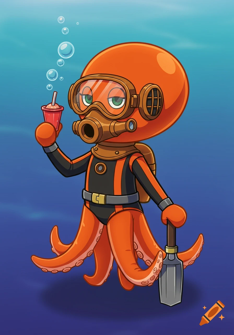 Cartoon orange octopus in diving suit holding a drink and shovel underwater, Animal Crossing style.