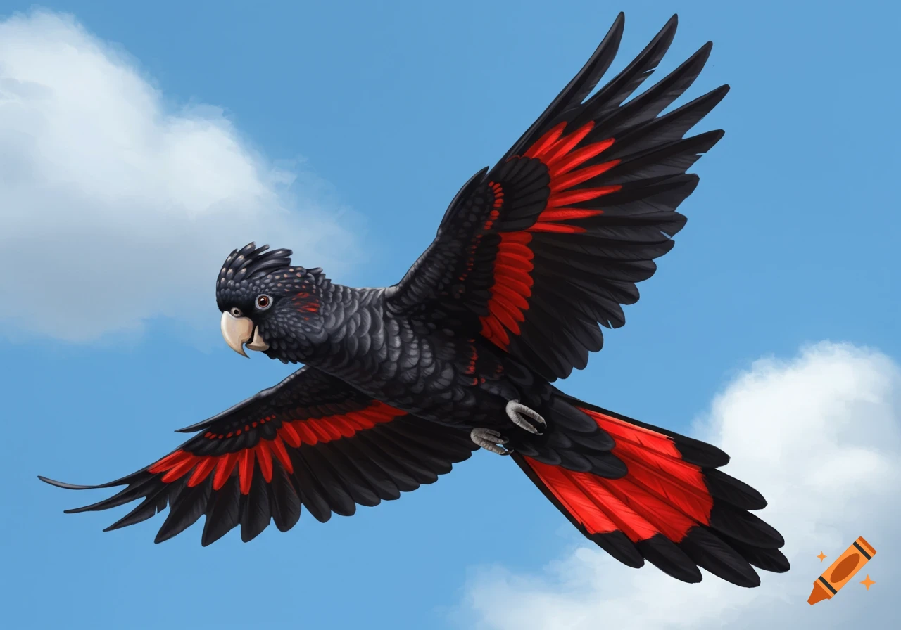 A black cockatoo with red tail and wing feathers flies against a blue sky with clouds.