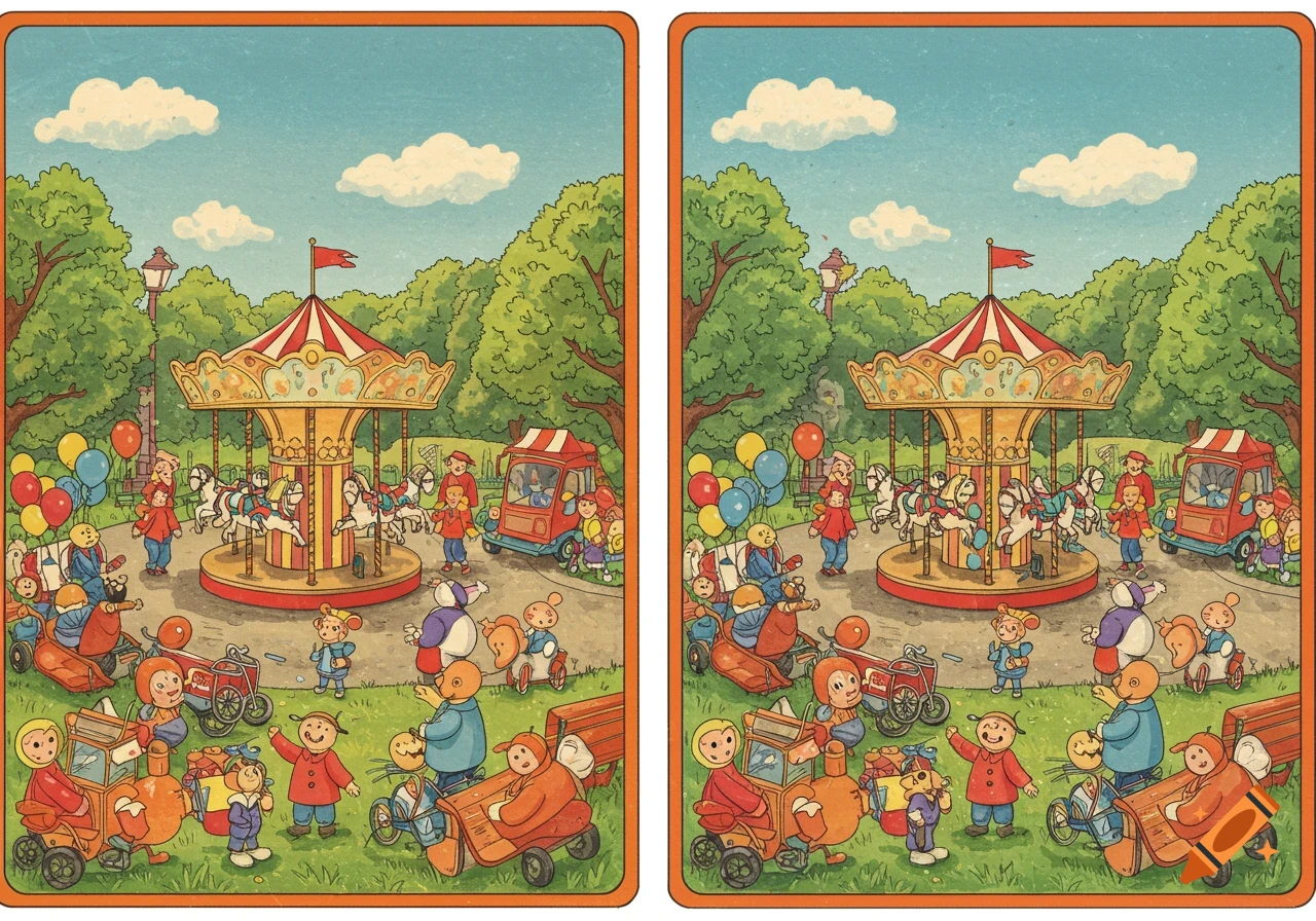 Two vintage style cartoon illustrations side-by-side showing a busy park scene with a carousel and many people.
