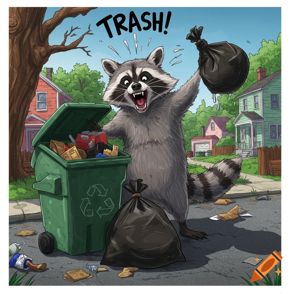Cartoon illustration of an excited raccoon with a trash bag next to a dumpster, yelling "TRASH!".