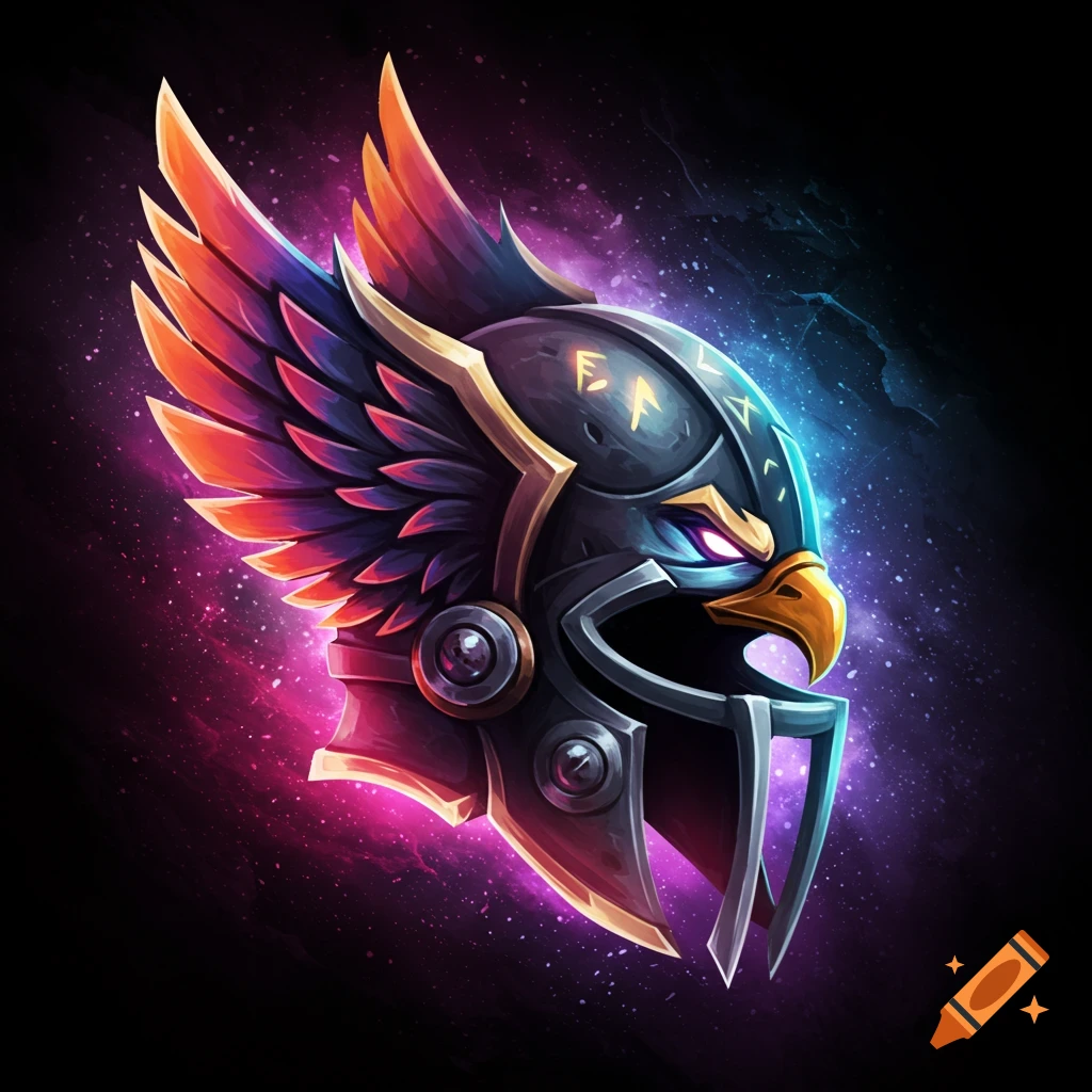 A stylized fantasy eagle helmet icon with colorful wings on a dark background with vibrant light effects.