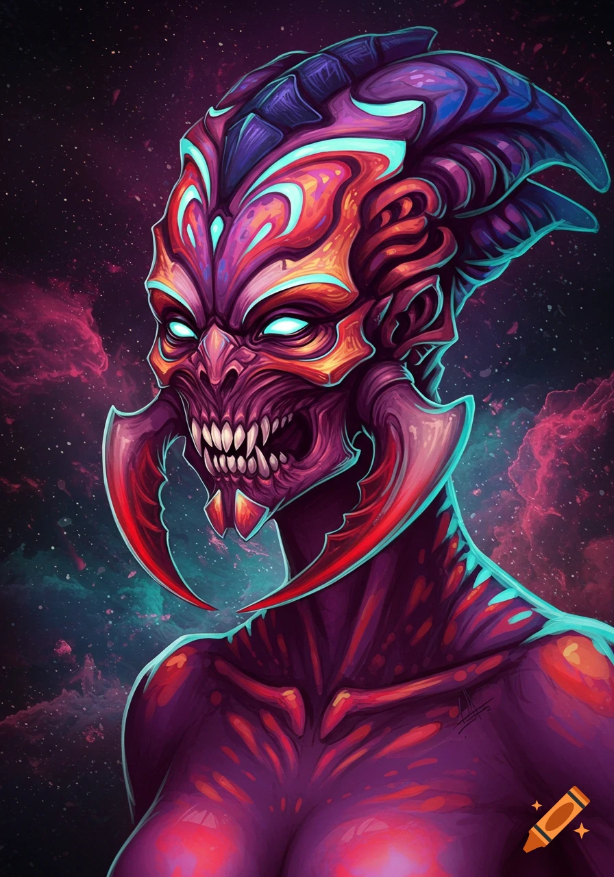 A vibrant portrait of a purple and red alien creature with glowing eyes and sharp teeth against a starry background.