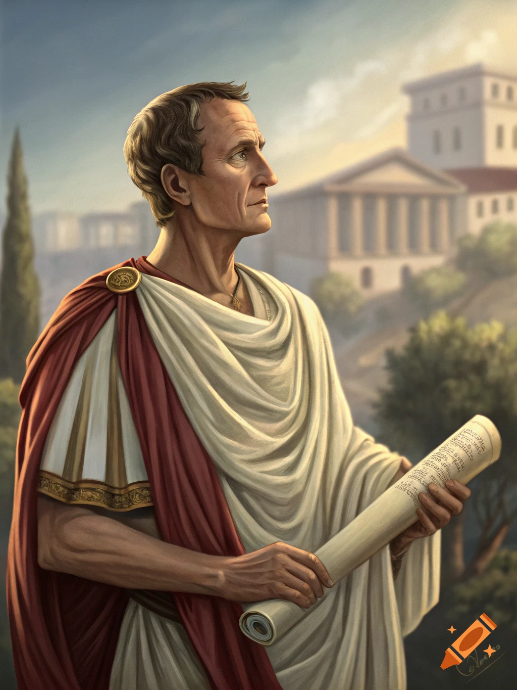 Portrait of Julius Caesar in Roman attire holding a scroll, realistic painting.