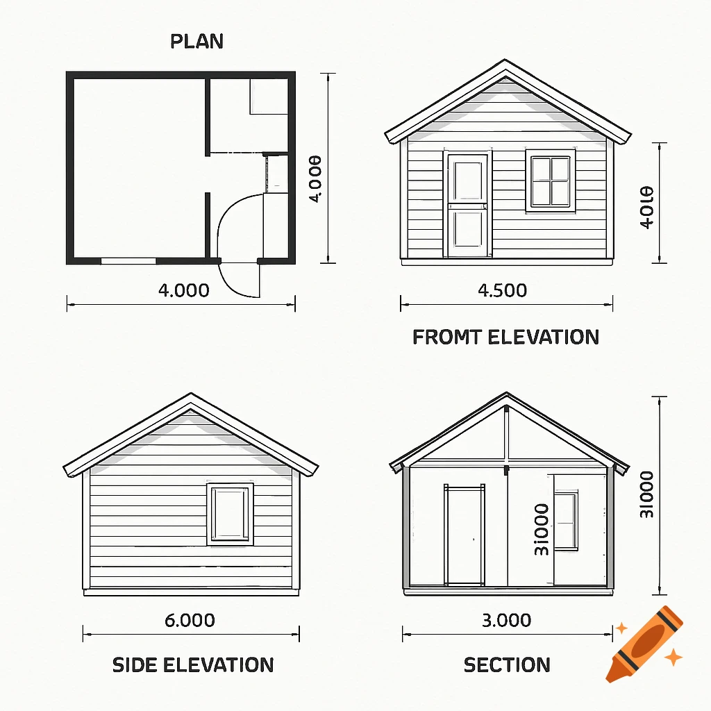 Architectural drawing of a small house with floor plan, front, side, and section elevations, including dimensions.