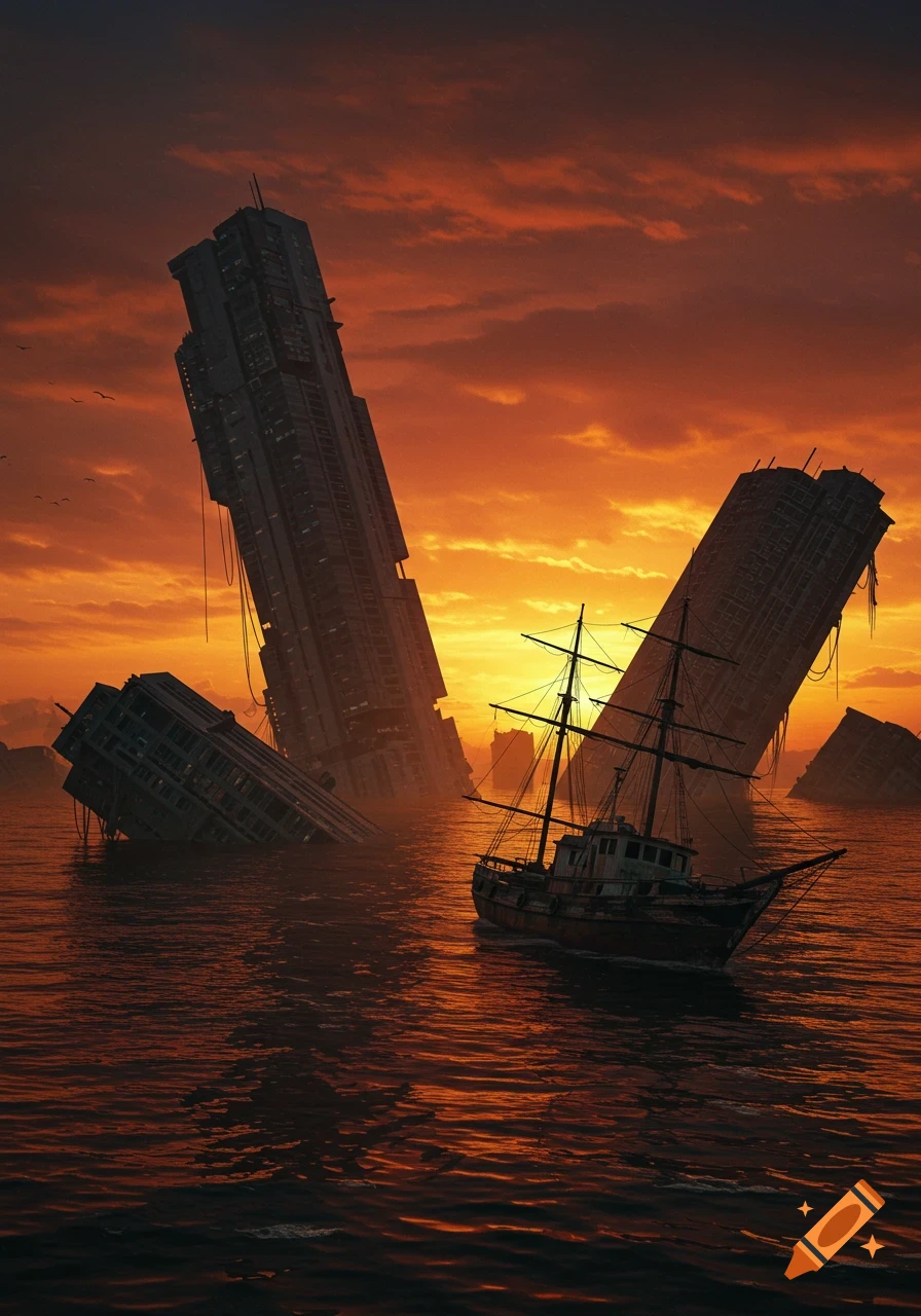 A ship sails past partially submerged futuristic buildings in a reddish-orange sunset over the ocean.