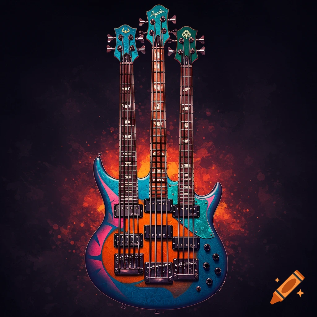 A vibrant, three-necked electric bass guitar with a fiery, stylized background.