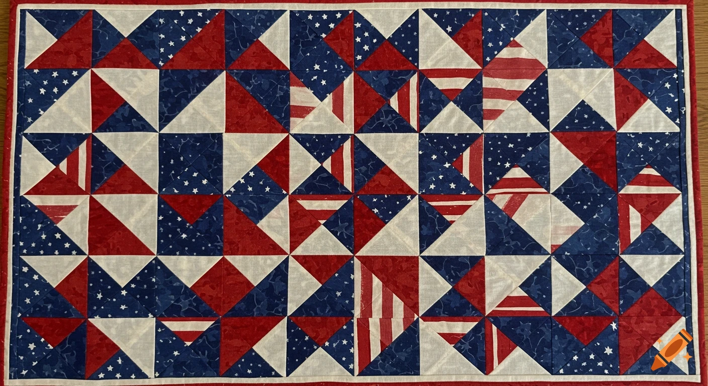 Patchwork quilted table runner in red, white, and blue Americana star pattern.