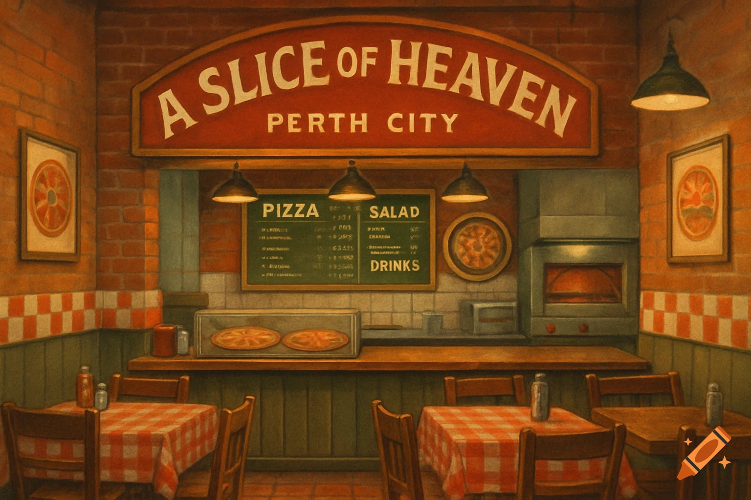 Interior of a pizza shop with tables, counter, menu board, and oven, featuring a sign that reads 'A Slice of Heaven Perth City'.