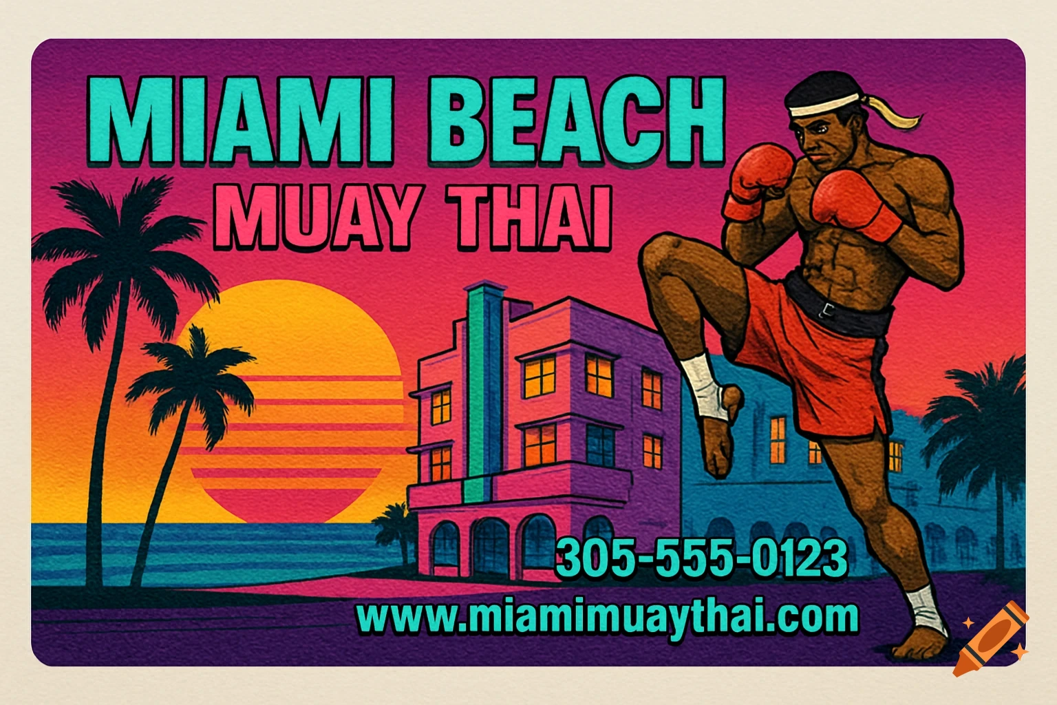 Retro art poster for Miami Beach Muay Thai with martial artist, Art Deco building, palm trees, and sunset.