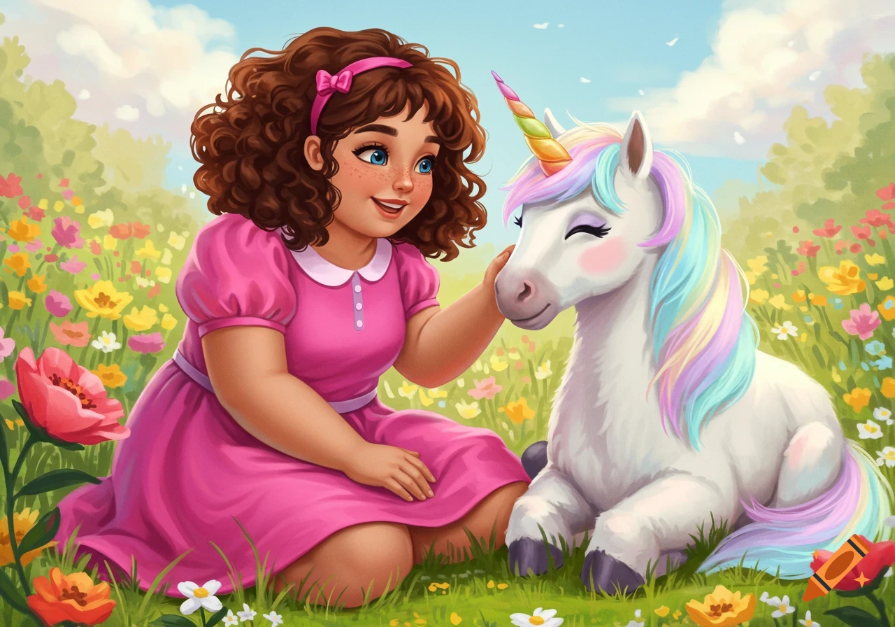 Illustration of a young girl petting a unicorn in a flowery meadow