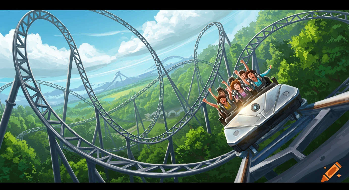 Illustration of people on a thrill roller coaster.