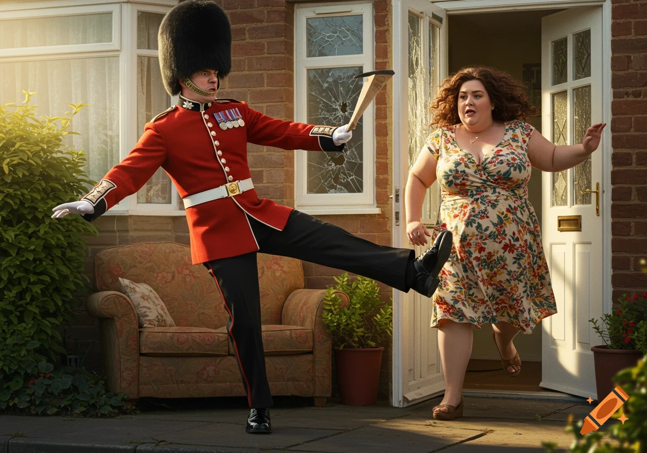 British Royal Guard kicks a door as a woman runs away