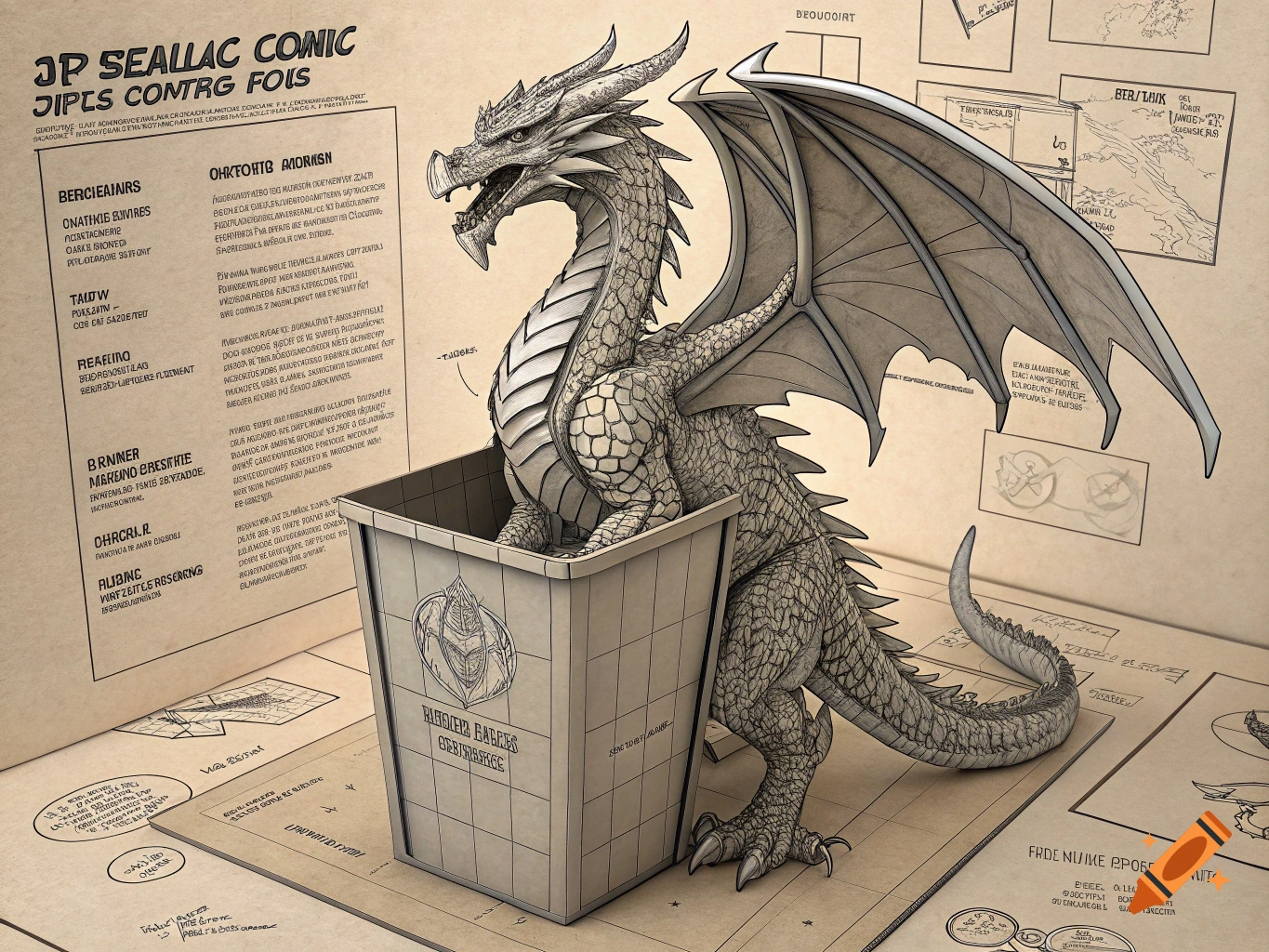 A large dragon sits in a trash can depicted in a detailed blueprint style.
