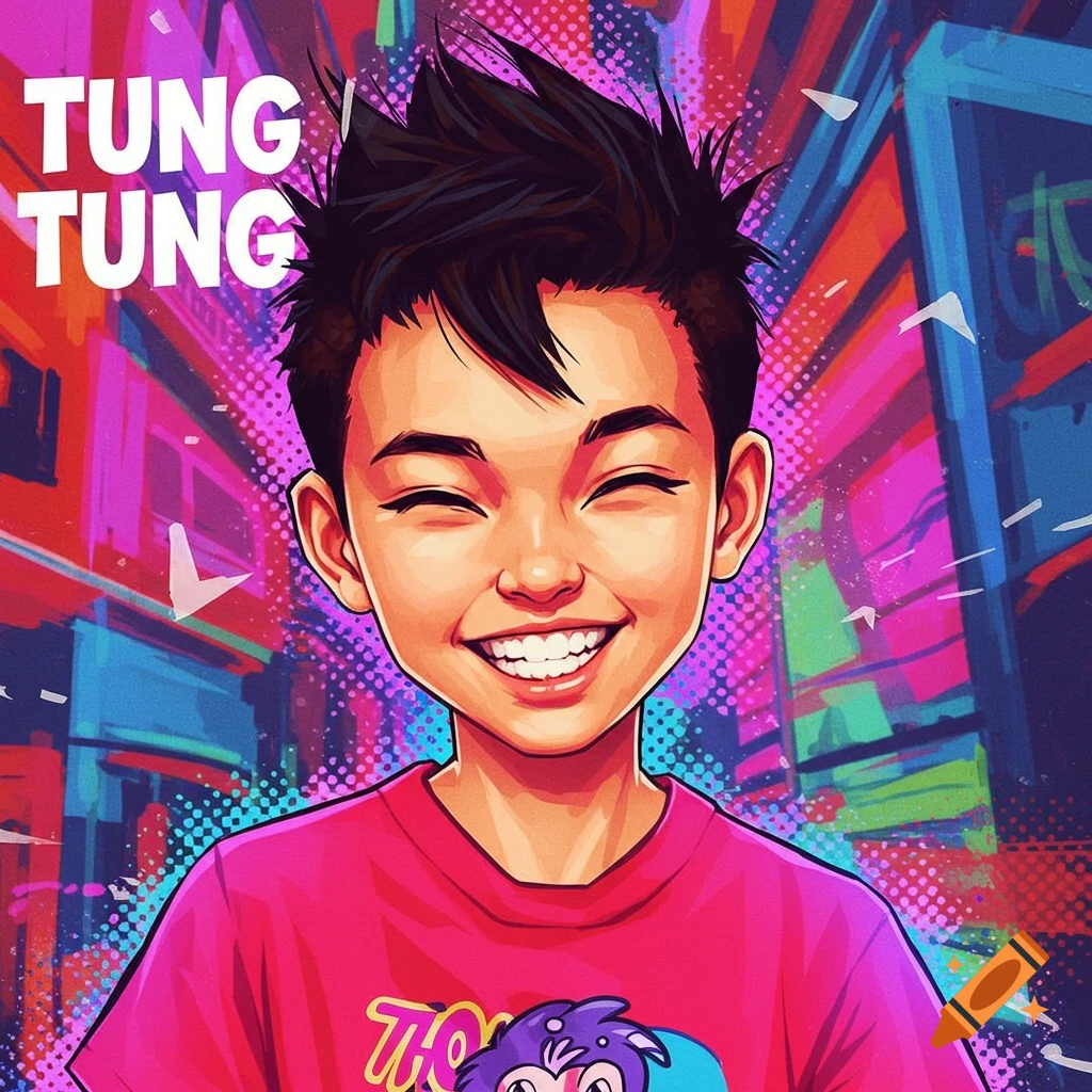 A cartoon illustration of a smiling boy with spiky hair in a vibrant, pop art style background with the text "TUNG TUNG".