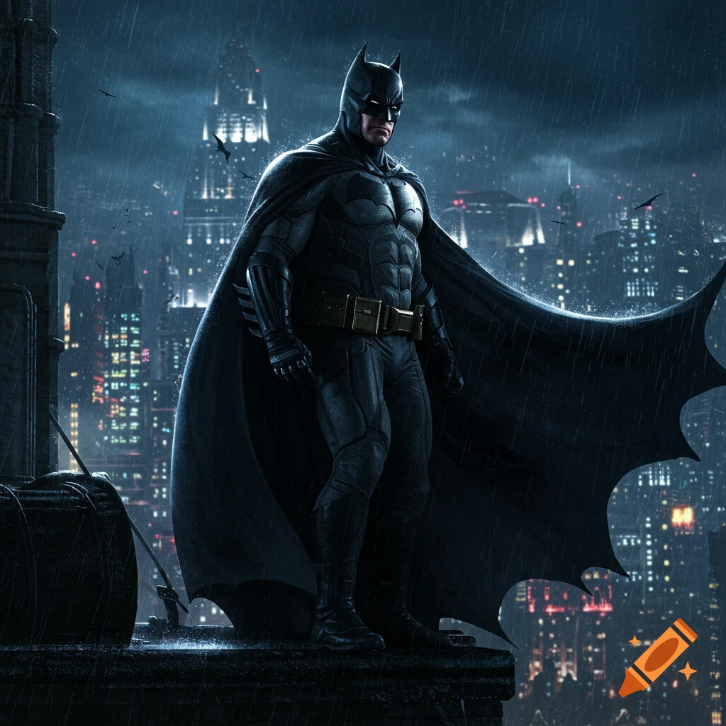Batman stands on a rainy rooftop overlooking a city skyline at night. Cinematic style.