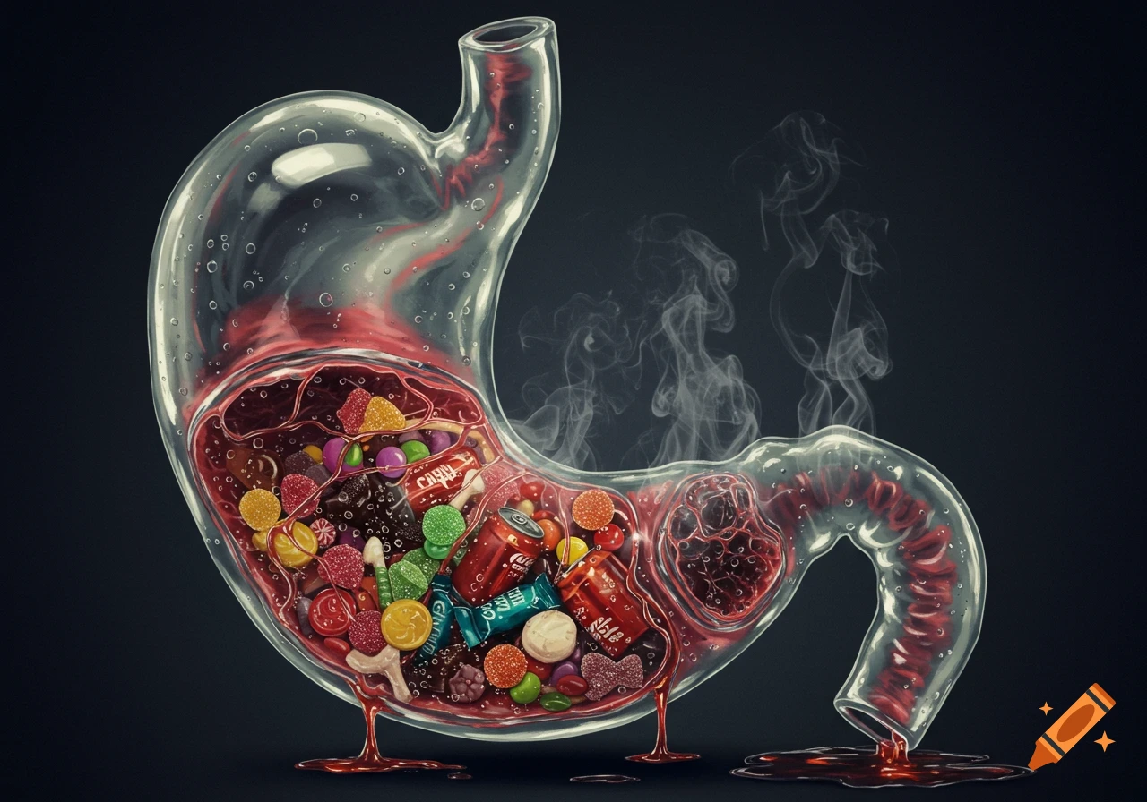 Glass stomach filled with colorful candy and soda, melting and leaking red liquid, with smoke rising.