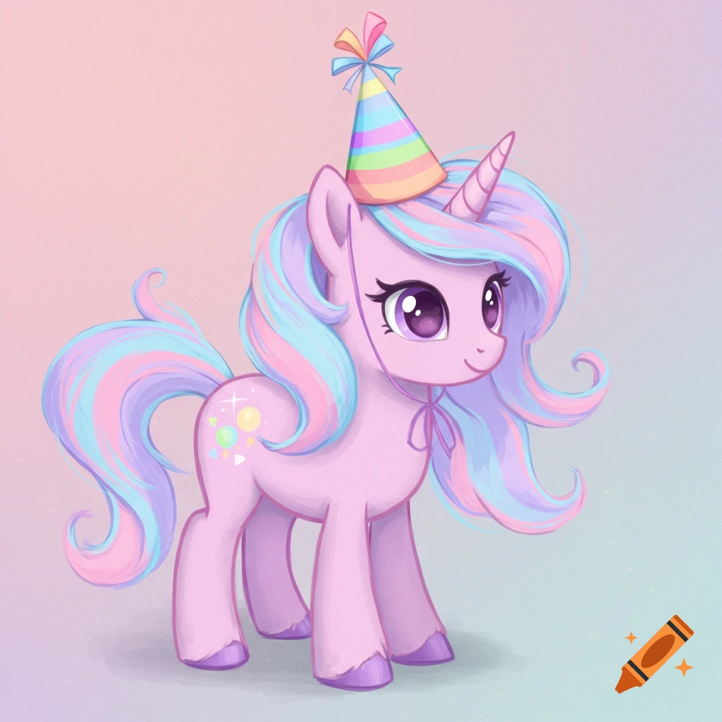 Pastel cartoon unicorn wearing a rainbow birthday hat.