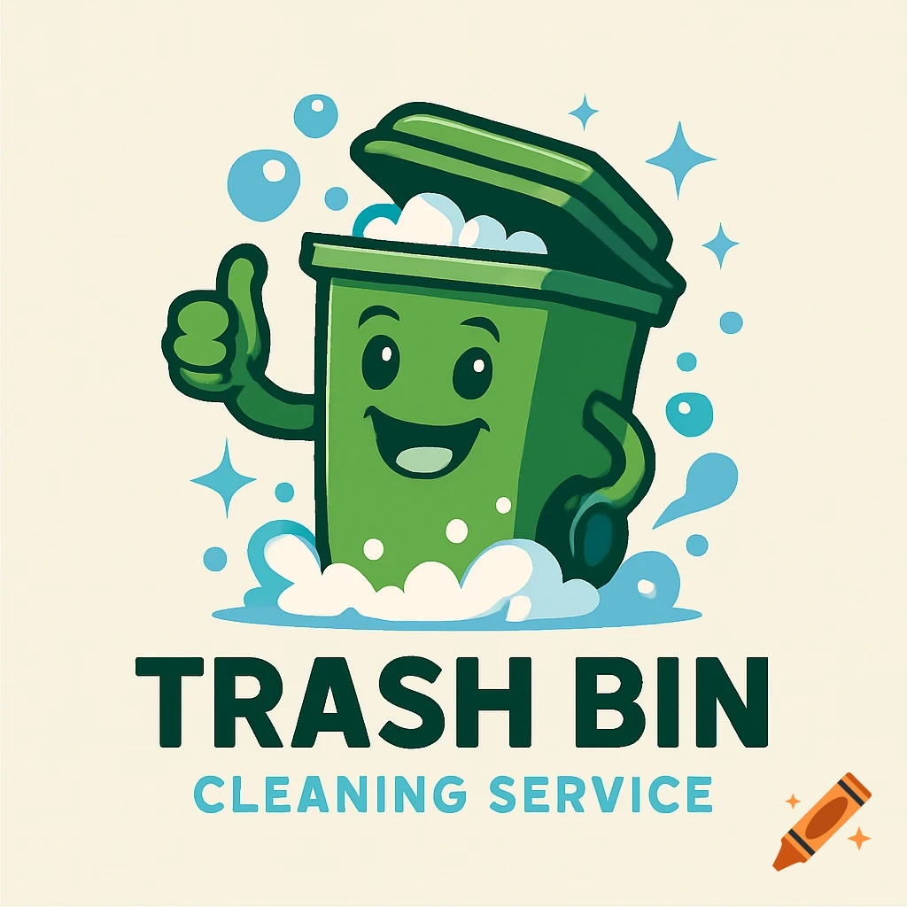 Cartoon logo of a happy trash bin character with thumbs up and text TRASH BIN CLEANING SERVICE.