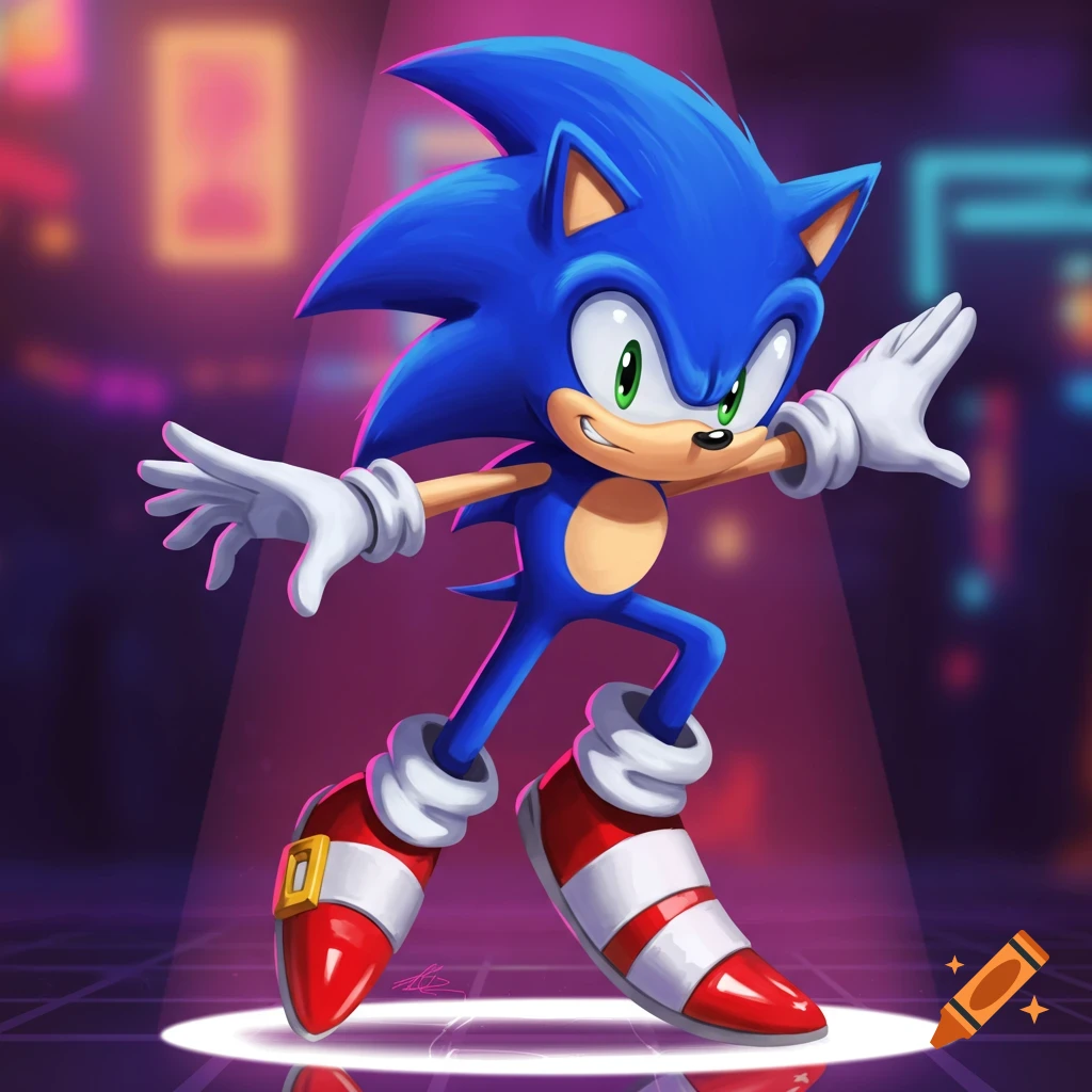 Sonic the Hedgehog strikes a pose on a lit stage with a city background.