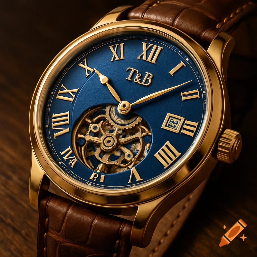 A close-up shot of a gold mechanical watch with a blue dial, Roman numerals, and a brown leather strap.