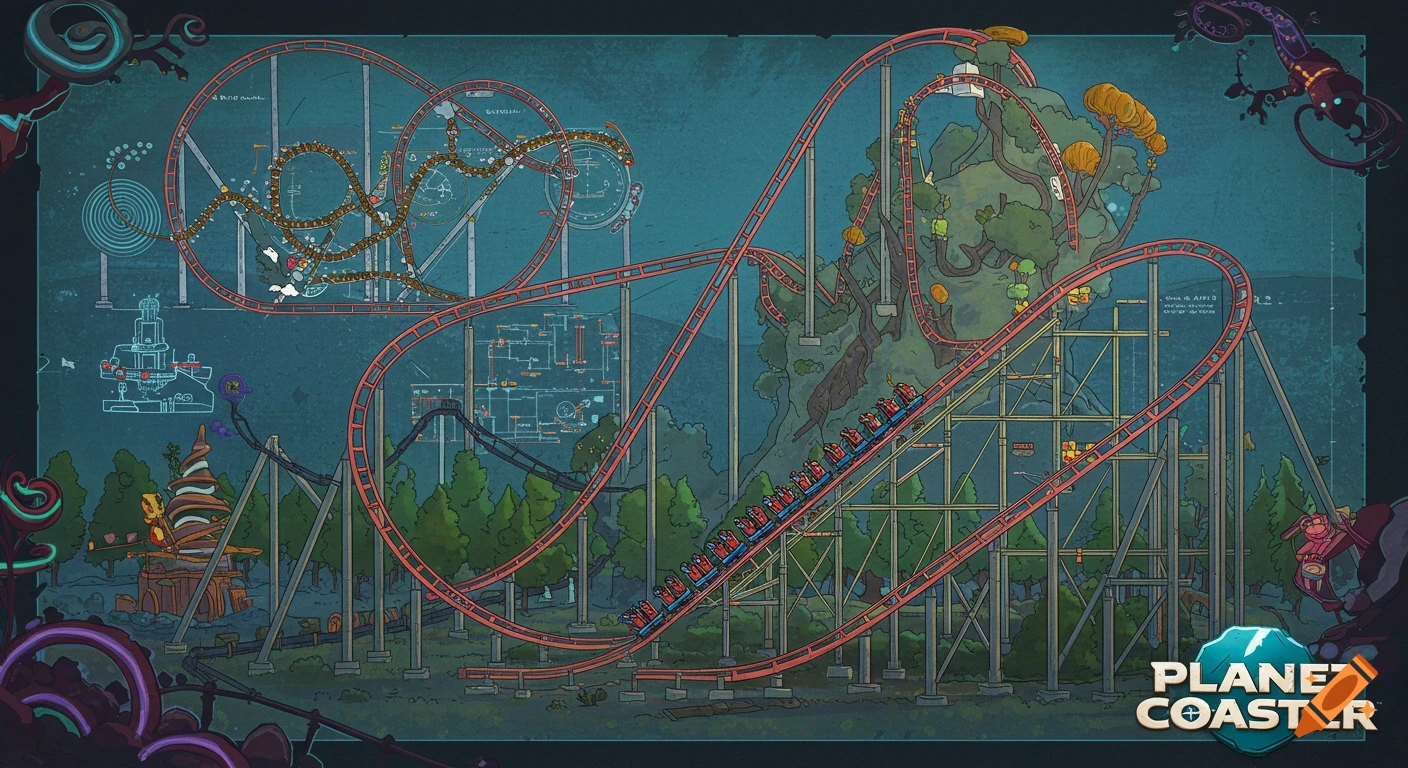 Illustrated blueprint of a fantastical roller coaster with trees and creatures, includes Planet Coaster logo.