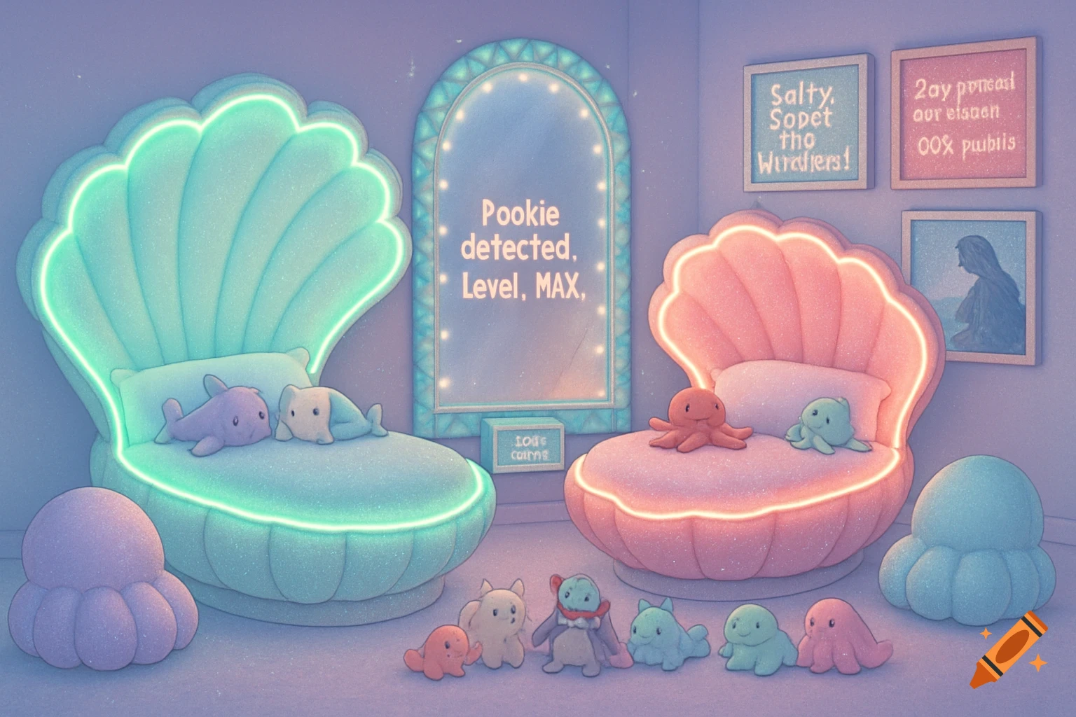 Cute pastel room with glowing clam beds, plush sea creatures, mirror, and framed art.